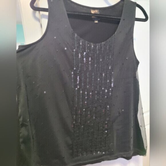 Black Rock & Shine Festive Sequin Mesh Sheer Sleeveless Top Blouse Tank Large - Picture 2 of 6